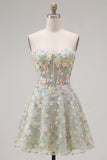 Green Sweetheart Floral Sheer Corset A-Line Graduation Dress
