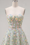 Green Sweetheart Floral Sheer Corset A-Line Graduation Dress
