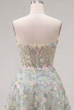 Green Sweetheart Floral Sheer Corset A-Line Graduation Dress