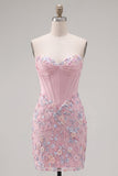 Sweetheart Pink Corset Bodycon Floral Cocktail Dress