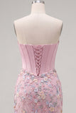 Sweetheart Pink Corset Bodycon Floral Cocktail Dress