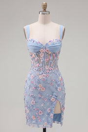 Blue Floral Sheer Corset Bodycon Mini Graduation Dress with Slit