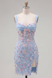 Blue Floral Sheer Corset Bodycon Mini Graduation Dress with Slit