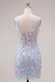 Blue Floral Sheer Corset Bodycon Mini Graduation Dress with Slit