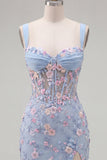 Blue Floral Sheer Corset Bodycon Mini Graduation Dress with Slit