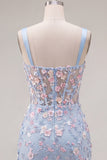 Blue Floral Sheer Corset Bodycon Mini Graduation Dress with Slit