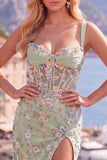 Blue Floral Sheer Corset Bodycon Mini Graduation Dress with Slit