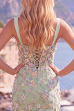 Blue Floral Sheer Corset Bodycon Mini Graduation Dress with Slit