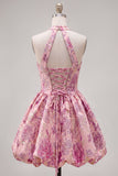 Fuchsia Jacquard A-Line Halter Floral Graduation Dress