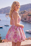 Fuchsia Jacquard A-Line Halter Floral Graduation Dress