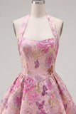 Fuchsia Jacquard A-Line Halter Floral Graduation Dress