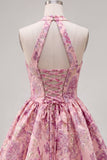 Fuchsia Jacquard A-Line Halter Floral Graduation Dress