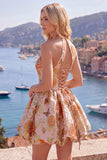 Fuchsia Jacquard A-Line Halter Floral Graduation Dress