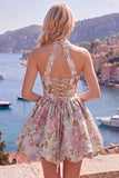 Fuchsia Jacquard A-Line Halter Floral Graduation Dress