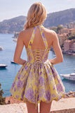 Fuchsia Jacquard A-Line Halter Floral Graduation Dress