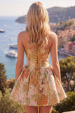 Strapless Yellow Jacquard A-Line Floral Graduation Dress