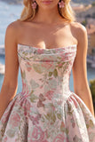 Strapless Yellow Jacquard A-Line Floral Graduation Dress