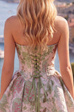 Strapless Yellow Jacquard A-Line Floral Graduation Dress