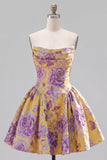 Strapless Yellow Jacquard A-Line Floral Graduation Dress