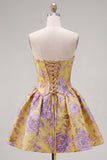 Strapless Yellow Jacquard A-Line Floral Graduation Dress