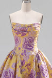 Strapless Yellow Jacquard A-Line Floral Graduation Dress