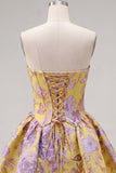 Strapless Yellow Jacquard A-Line Floral Graduation Dress