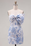 Blue Floral Bodycon Strapless Jacquard Cocktail Dress with Bow