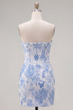 Blue Floral Bodycon Strapless Jacquard Cocktail Dress with Bow