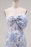 Blue Floral Bodycon Strapless Jacquard Cocktail Dress with Bow
