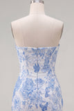 Blue Floral Bodycon Strapless Jacquard Cocktail Dress with Bow