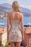 Blue Floral Bodycon Strapless Jacquard Cocktail Dress with Bow