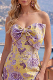Blue Floral Bodycon Strapless Jacquard Cocktail Dress with Bow