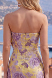 Blue Floral Bodycon Strapless Jacquard Cocktail Dress with Bow