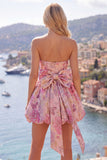 Pink Strapless Jacquard A-Line Floral Cocktail Dress with Bow