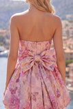 Pink Strapless Jacquard A-Line Floral Cocktail Dress with Bow