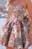 Pink Strapless Jacquard A-Line Floral Cocktail Dress with Bow