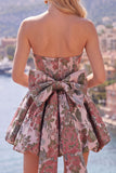 Pink Strapless Jacquard A-Line Floral Cocktail Dress with Bow