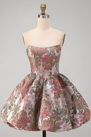 Pink Strapless Jacquard A-Line Floral Cocktail Dress with Bow