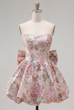 Pink Strapless Jacquard A-Line Floral Cocktail Dress with Bow