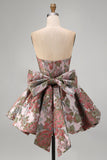 Pink Strapless Jacquard A-Line Floral Cocktail Dress with Bow
