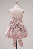 Pink Strapless Jacquard A-Line Floral Cocktail Dress with Bow