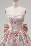 Pink Strapless Jacquard A-Line Floral Cocktail Dress with Bow