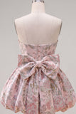Pink Strapless Jacquard A-Line Floral Cocktail Dress with Bow