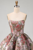 Pink Strapless Jacquard A-Line Floral Cocktail Dress with Bow