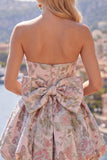 Pink Strapless Jacquard A-Line Floral Cocktail Dress with Bow