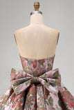 Pink Strapless Jacquard A-Line Floral Cocktail Dress with Bow