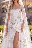 White Green Flower Sweep Train A Line Beaded Beach Wedding Dress with Veils