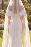 White Mermaid Floral Lace Sweep Train Boho Wedding Dress with Veils