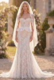White Floral Lace Mermaid Ruffled Sweep Train Corset Boho Wedding Dress with Veils