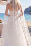 Floral White Corset A Line Sweep Train Sweetheart Beach Wedding Dress with Veils